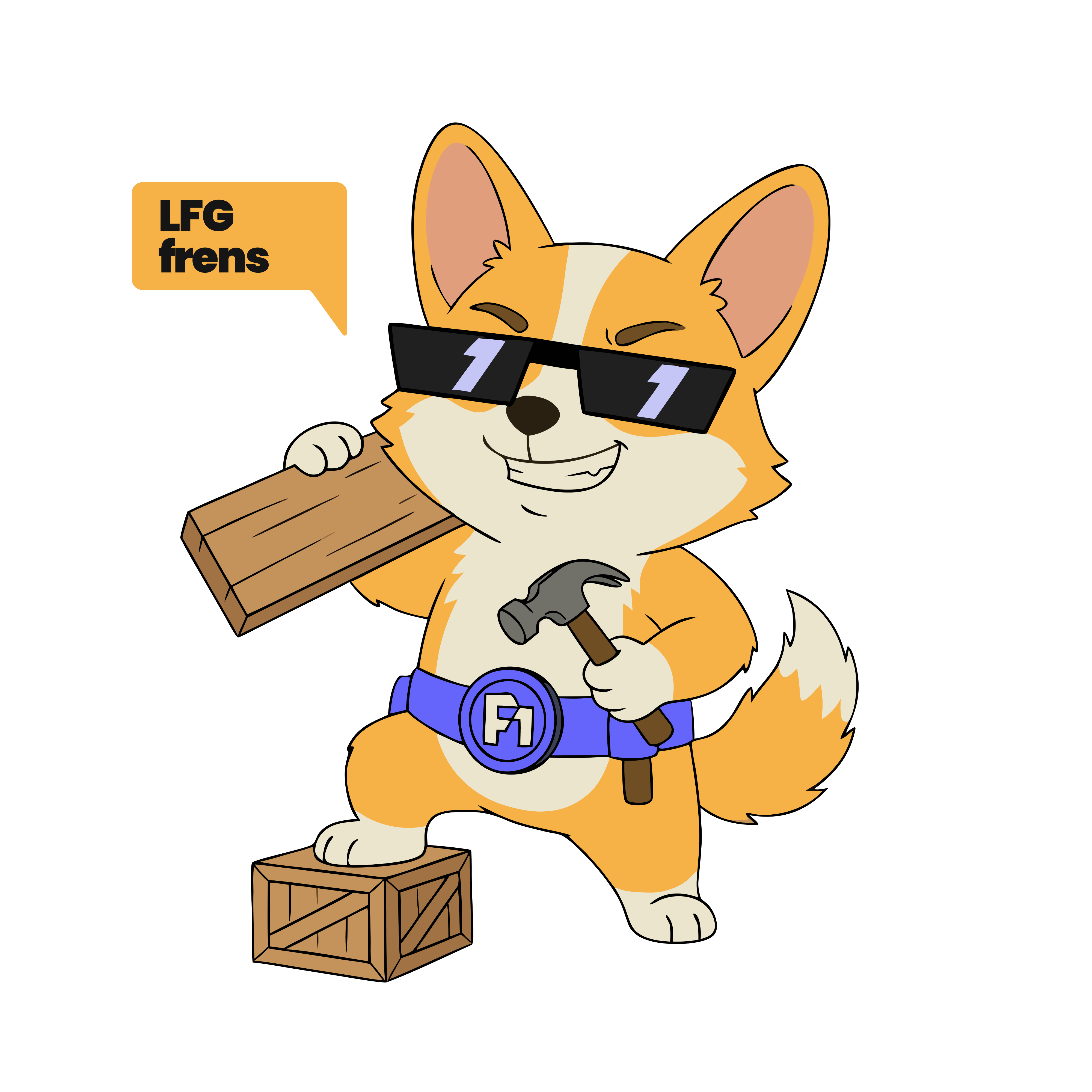 Fren One mascot, a corgi in sunglasses holding a hammer